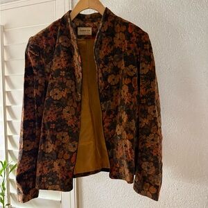 Elegant Floral Velvet Blazer - Black and Orange